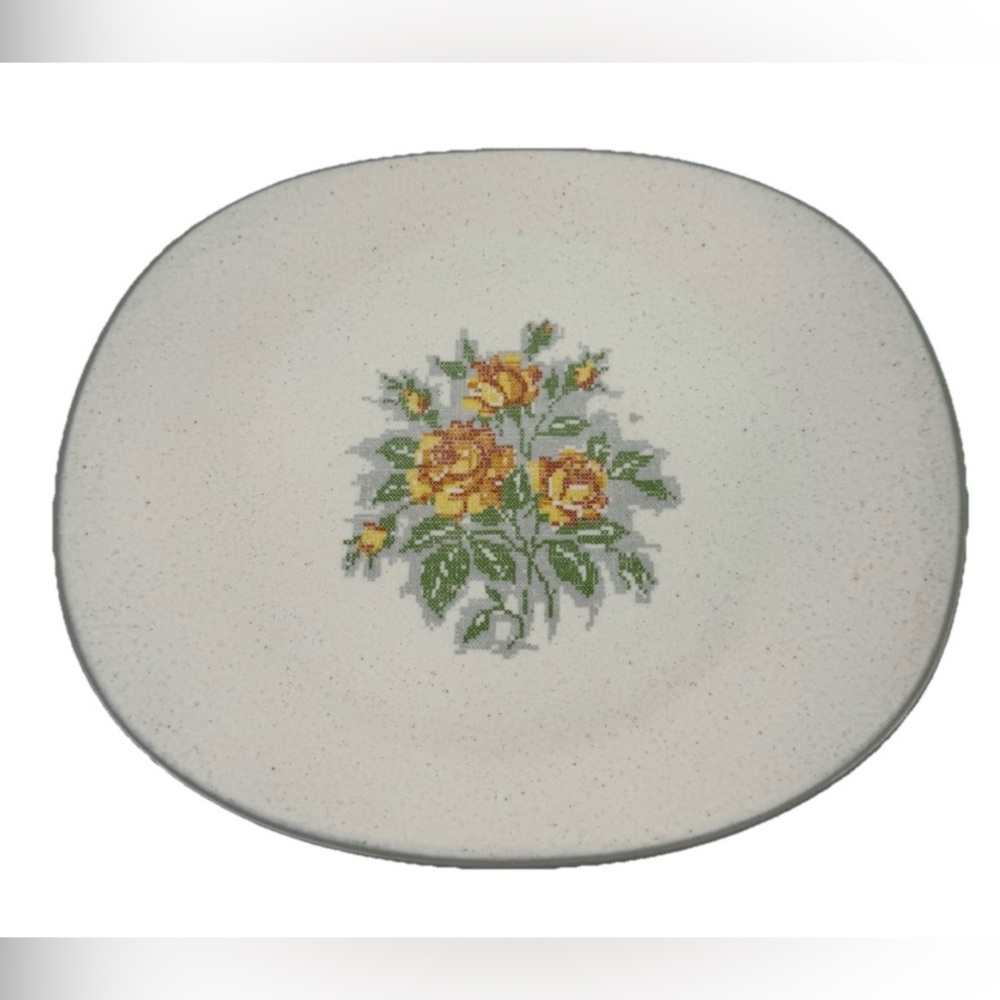 VTG HARKER Stoneware Country Style 13 1/4” Platter Yellow Rose Cross-Stitch
